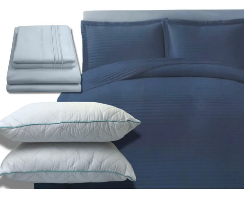 [KO-SAB-044] Set 7 Pzas. Edredón Individual + Juego Sábanas + 2 Almohadas (Azul)