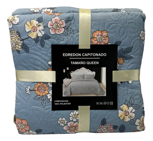 Edredón Capitonado Queen Size Doble Vista  Azul Flores Estampado