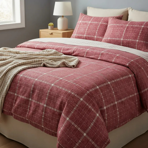 Juego De Sábanas Franela 100% Algodón Cálidas King Size Color Cuadros Rosa Ajedrez