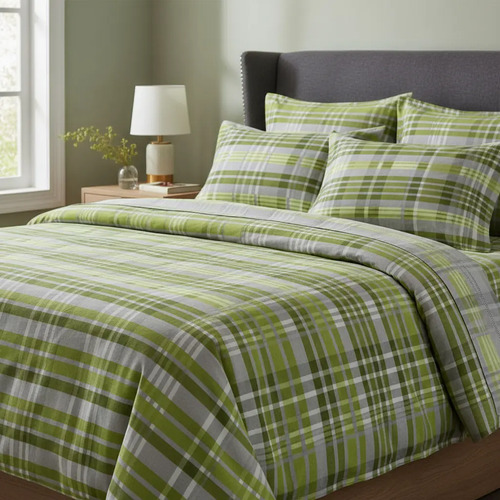 Juego De Sábanas Franela 100% Algodón Cálidas King Size Color Cuadros Verde Ajedrez
