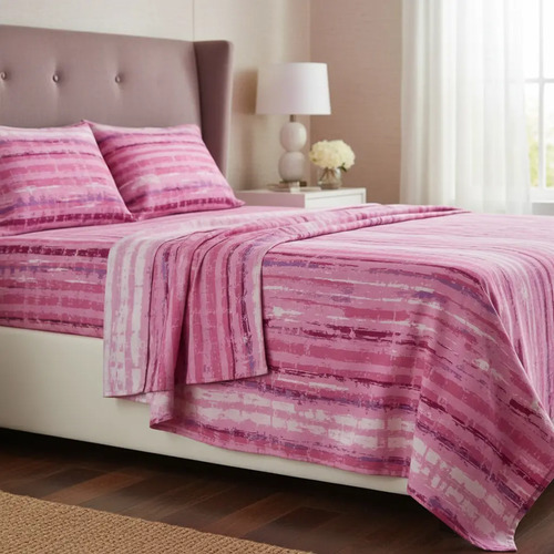 Juego De Sábanas Franela 100% Algodón Cálidas King Size Color Marmol Rosa Rayas