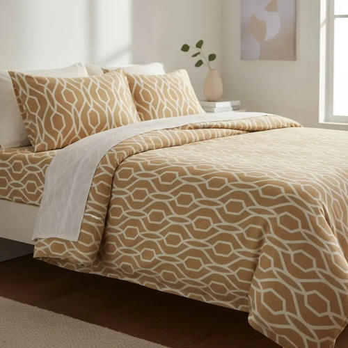 Juego De Sábanas Franela 100% Algodón Cálidas Matrimonial Color Geométrico Beige Liso