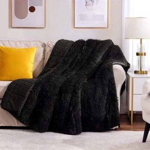 Manta-cobija Faux Fur Pelo Alto Borrega Reverso King Size Negro Liso