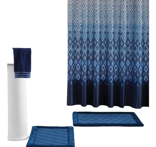 Juego De Baño 15 Pcs, 2 Tapetes De Baño + 1 Cortina De Ducha Color Azul Lisa